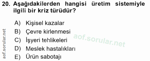 20. soru: Aşağıdakilerden hangisi üretim sistemiyle ilgili bir kriz türüdür? A) Kişisel kazalar B) Çevre kirlenmesi C) Işyeri t…