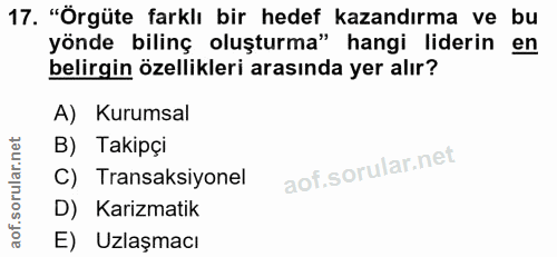 17. soru: "Örgüte farklı bir hedef kazandırma ve bu yönde bilinç oluşturma" hangi liderin en belirgin özellikleri arasında yer…