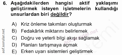 6. soru: Aşağıdakilerden hangisi aktif yaklaşımı geliştirmek isteyen işletmelerin kullandığı unsurlardan biri değildir? A) Kri…