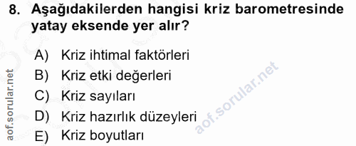 8. soru: Aşağıdakilerden hangisi kriz barometresinde yatay eksende yer alır? A) Kriz ihtimal faktörleri B) Kriz etki değerleri…