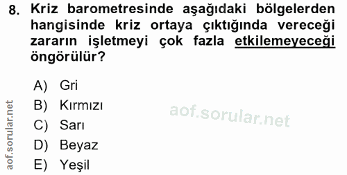 8. soru: Kriz barometresinde aşağıdaki bölgelerden hangisinde kriz ortaya çıktığında vereceği zararın işletmeyi çok fazla etki…