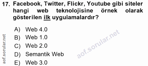 17. soru: Facebook, Twitter, Flickr, Youtube gibi siteler hangi web teknolojisine örnek olarak gösterilen ilk uygulamalardır? A…