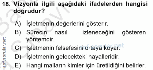 18. soru: Vizyonla ilgili aşağıdaki ifadelerden hangisi doğrudur? A) İşletmenin değerlerini gösterir. B) Sürecin nasıl izlenece…