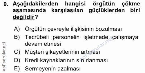 9. soru: Aşağıdakilerden hangisi örgütün çökme aşamasında karşılaşılan güçlüklerden biri değildir? A) Örgütün çevreyle ilişkis…