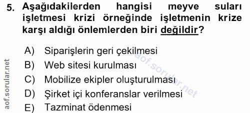 5. soru: Aşağıdakilerden hangisi meyve suları işletmesi krizi örneğinde işletmenin krize karşı aldığı önlemlerden biri değildi…