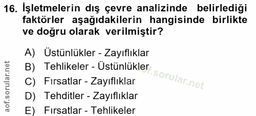 16. soru: İşletmelerin dış çevre analizinde belirlediği faktörler aşağıdakilerin hangisinde birlikte ve doğru olarak verilmişti…