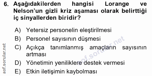 6. soru: Aşağıdakilerden hangisi Lorange ve Nelson'un gizli kriz aşaması olarak belirttiği iç sinyallerden biridir? A) Yetersi…