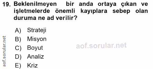 19. soru: Beklenilmeyen bir anda ortaya çıkan ve işletmelerde önemli kayıplara sebep olan duruma ne ad verilir? A) Strateji B)…