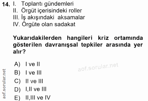 14. soru: 1. Toplantı gündemleri II. Örgüt içerisindeki roller Ill. Iş akışındaki aksamalar IV. Örgüte olan sadakat Yukarıdakil…