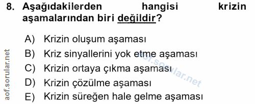 8. soru: Aşağıdakilerden hangisi krizin aşamalarından biri değildir? A) Krizin oluşum aşaması B) Kriz sinyallerini yok etme aş…