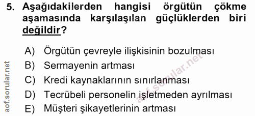 5. soru: Aşağıdakilerden hangisi örgütün çökme aşamasında karşılaşılan güçlüklerden biri değildir? A) Orgütün çevreyle ilişkis…