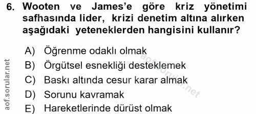 6. soru: Wooten ve James'e göre kriz yönetimi safhasında lider, krizi denetim altına alırken aşağıdaki yeteneklerden hangisini…