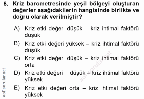 8. soru: Kriz barometresinde yeşil bölgeyi oluşturan değerler aşağıdakilerin hangisinde birlikte ve doğru olarak verilmiştir?…