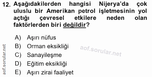 12. soru: Aşağıdakilerden hangisi Nijerya'da çok uluslu bir Amerikan petrol işletmesinin yol açtığı çevresel etkilere neden ola…