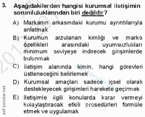 3. soru: Aşağıdakilerden hangisi kurumsal iletişimin sorumluluklarından biri değildir? A) Markanın arkasındaki kurumu ayrıntıl…