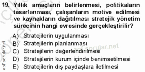 19. soru: Yıllık amaçların belirlenmesi, politikaların tasarlanması, çalışanların motive edilmesi ve kaynakların dağıtılması st…