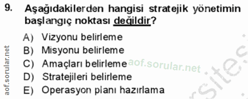 9. soru: Aşağıdakilerden hangisi stratejik yönetimin başlangıç noktası değildir? A) Vizyonu belirleme B) Misyonu belirleme C)…