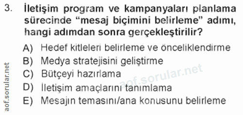 3. soru: İletişim program ve kampanyaları planlama sürecinde "mesaj biçimini belirleme" adımı, hangi adımdan sonra gerçekleşti…