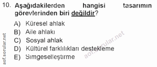 10. soru: Aşağıdakilerden hangisi tasarımın görevlerinden biri değildir? A) Küresel ahlak lar.net B) Aile ahlakı lar.net C) Sos…