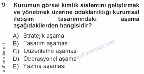 9. soru: Kurumun görsel kimlik sistemini geliştirmek ve yönetmek üzerine odaklanıldığı kurumsal iletişim tasarımındaki aşama a…