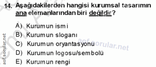 14. soru: Aşağıdakilerden hangisi kurumsal tasarımın ana elemanlarından biri değildir? A) Kurumun ismi B) Kurumun sloganı c) Ku…