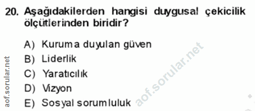 20. soru: Aşağıdakilerden hangisi duygusal çekicilik ölçütlerinden biridir? A) Kuruma duyulan güven B) Liderlik C) Yaratıcılık…