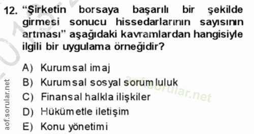 12. soru: "Şirketin" borsaya başarılı bir şekilde girmesi sonucu hissedarlarının sayısının artması" aşağıdaki kavramlardan hang…