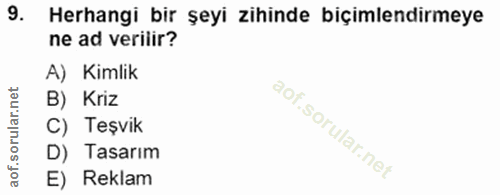 9. soru: Herhangi bir şeyi zihinde biçimlendirmeye ne ad verilir? A) Kimlik B) Kriz C) Teşvik D) Tasarım E) Reklam