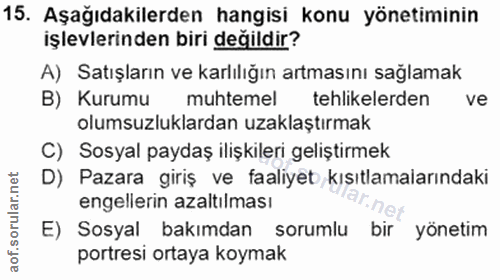 15. soru: Aşağıdakilerden hangisi konu yönetiminin işlevlerinden biri değildir? A) Satışların ve karlılığın artmasını sağlamak…