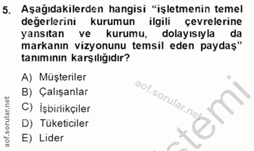 5. soru: Aşağıdakilerden hangisi "işletmenin temel değerlerini kurumun ilgili çevrelerine yansıtan ve kurumu, dolayısıyla da m…