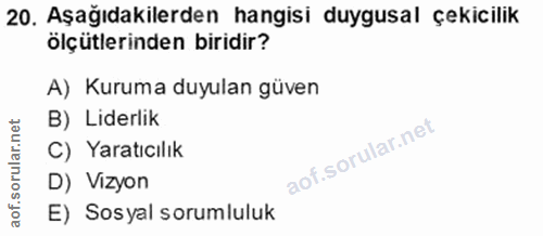 20. soru: Aşağıdakilerden hangisi duygusal çekicilik ölçütlerinden biridir? A) Kuruma duyulan güven B) Liderlik C) Yaratıcılık…
