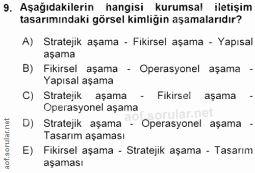 9. soru: Aşağıdakilerin hangisi kurumsal iletişim tasarımındaki görsel kimliğin aşamalarıdır? A) Stratejik aşama - Fıkirsel aş…