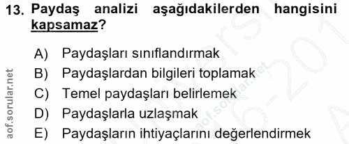 13. soru: Paydaş analizi aşağıdakilerden hangisini kapsamaz? A) Paydaşları sınıflandırmak B) Paydaşlardan bilgileri toplamak C)…