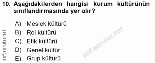 10. soru: Aşağıdakilerden hangisi kurum kültürünün sınıflandırmasında yer alır? A) Meslek kültürü B) Rol kültürü C) Etik kültür…