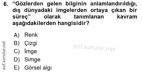 6. soru: "Gözlerden gelen bilginin anlamlandırıldığı, dış dünyadaki imgelerden ortaya çıkan bir sürec" olarak tanımlanan kavra…