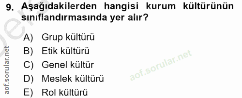 9. soru: Aşağıdakilerden hangisi kurum kültürünün sınıflandırmasında yer alır? A) Grup kültürü B) Etik kültürü C) Genel kültür…