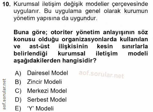 10. soru: Kurumsal iletişim değişik modeller çerçevesinde uygulanır. Bu uygulama genel olarak kurumun yönetim yapısına da uygun…