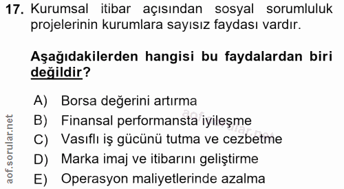 17. soru: Kurumsal itibar açısından sosyal sorumluluk projelerinin kurumlara sayısız faydası vardır. Aşağıdakilerden hangisi bu…