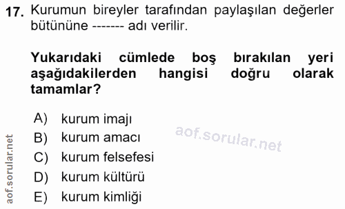 17. soru: Kurumun bireyler tarafından paylaşılan değerler bütününe --- adı verilir. Yukarıdaki cümlede bos birakılan yeri aşağı…