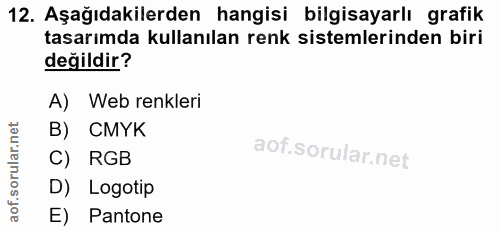 12. soru: Aşağıdakilerden hangisi bilgisayarlı grafik tasarımda kullanılan renk sistemlerinden biri değildir? A) Web renkleri B…