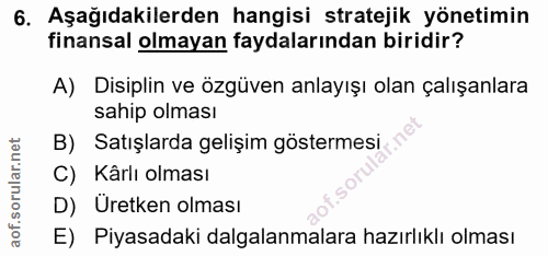 6. soru: Aşağıdakilerden hangisi stratejik yönetimin finansal olmayan faydalarından biridir? A) Disiplin ve özgüven anlayışı o…