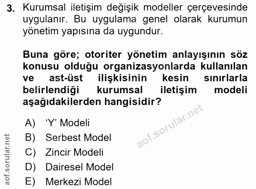 3. soru: Kurumsal iletişim değişik modeller çerçevesinde uygulanır. Bu uygulama genel olarak kurumun yönetim yapısına da uygun…