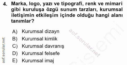 4. soru: Marka, logo, yazı ve tipografi, renk ve mimari gibi kuruluşa özgü sunum tarzları, kurumsal iletişimin etkileşim içind…