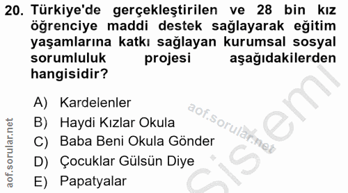 20. soru: Türkiye'de gerçekleştirilen ve 28 bin kız öğrenciye maddi destek sağlayarak eğitim yaşamlarına katkı sağlayan kurumsa…