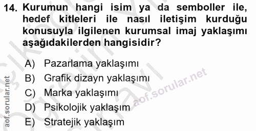 14. soru: Kurumun hangi isim ya da semboller ile, hedef kitleleri ile nasıl iletişim kurduğu konusuyla ilgilenen kurumsal imaj…