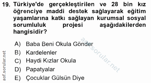 19. soru: Türkiye'de gerçekleştirilen ve 28 bin kız öğrenciye maddi destek sağlayarak eğitim yaşamlarına katkı sağlayan kurumsa…