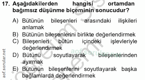 17. soru: Aşağıdakilerden hangisi ortamdan bağımsız düşünme biçeminin sonucudur? A) Bütünün bileşenleri arasındaki ilişkileri a…