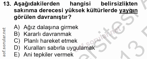 13. soru: Aşağıdakilerden hangisi belirsizlikten sakınma derecesi yüksek kültürlerde yaygın görülen davranıştır? A) Ağız dalaşı…