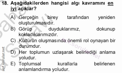 18. soru: Aşağıdakilerden hangisi algı kavramını en iyi açıklar? A) Gerçeğin birey tarafından yeniden oluşturulmasıdır. B) Görü…