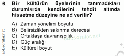 6. soru: Bir kültürün üyelerinin tanımadıkları durumlarda kendilerini tehdit altinda hissetme düzeyine ne ad verilir? A) Zaman…